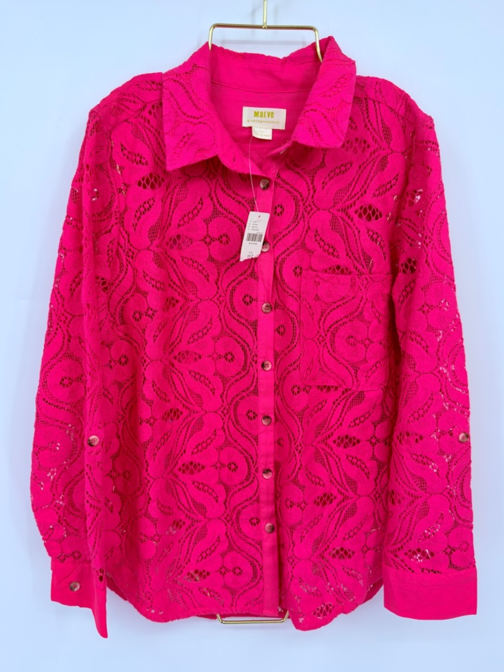 Anthropologie Maeve Hot Pink Lace Button Front Blouse NWT Long Sleeve Top